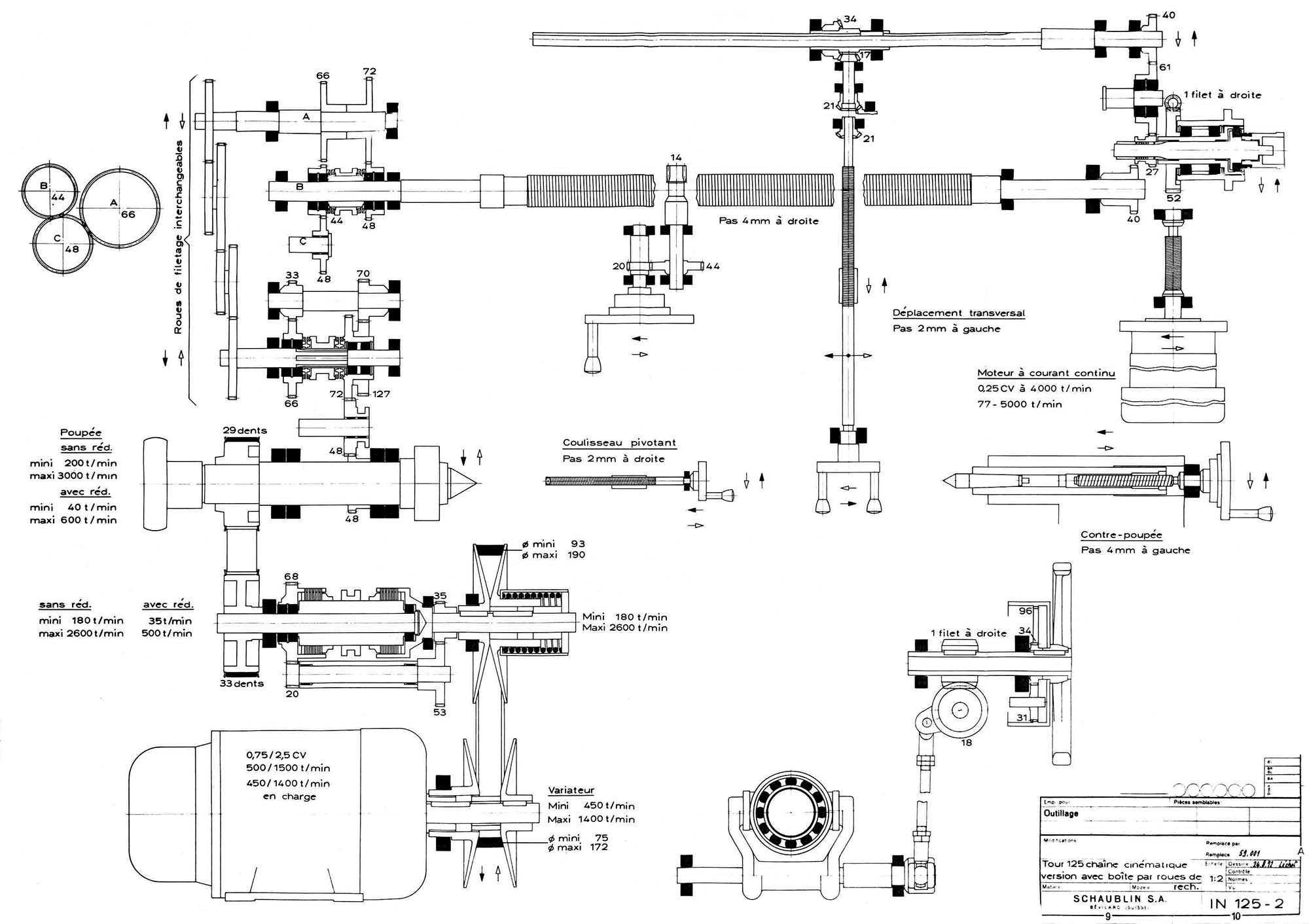 Схема кінематична токарно-гвинторізного верстата Schaublin 125
